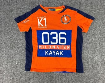 Camiseta infantil Polo Ralph Lauren laranja e azul com estampa de caiaque 036 Single Wildwater Canoe, tamanho 3T.
