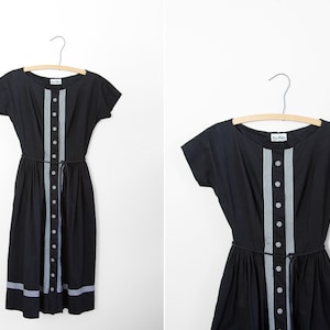 1950s Dress - 50s Dress - Black Shirtwaist Cotton Helen Whiting Day Dress With Checkered Details