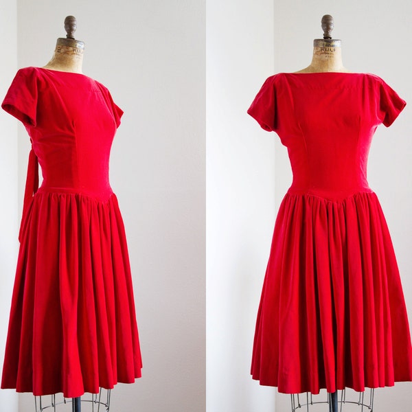 1950s Dress - 50s Dress - Red Velvet Cocktail Party Dress