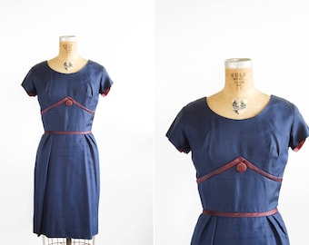 SALE 1950s Dress - 50s Dress - Navy Blue Silk Cocktail Dress