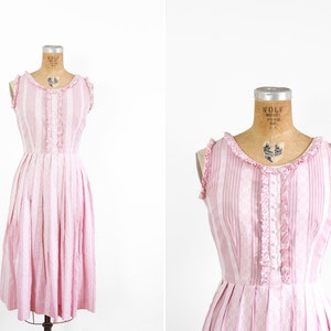 1950s Dress - 50s Dress - Pink Sleeveless Striped Cotton Day Dress
