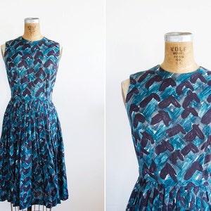 1950s Dress - 50s Dress - Blue Sleeveless Graphic Printed Cotton Dress