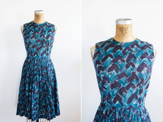 1950s Dress - 50s Dress - Blue Sleeveless Graphic