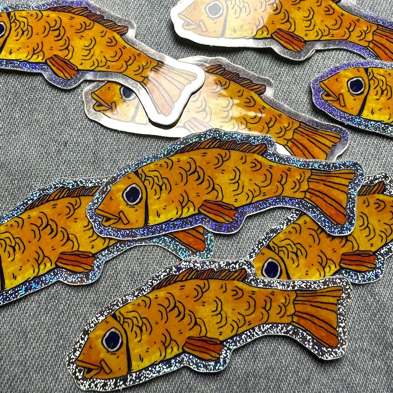 Fish Fin Sticker Glitter Fish! Waterproof Vinyl Sticker: Sparkly Orange and Yellow Small ...