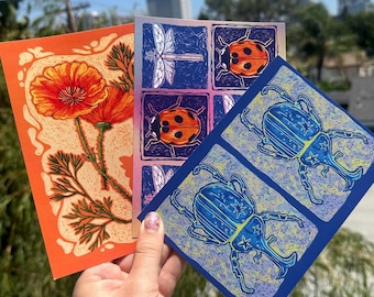 Mystery Postcard Bundle! 3 Pack of Vibrant Beetles, Bugs, Fish, Fruit, etc!
