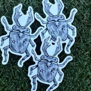May include: A collection of black and white beetle stickers. Each sticker features a detailed illustration of a beetle with large antlers, a star, and a floral design. The stickers are on a white background.