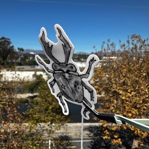 May include: A black and white beetle sticker with a detailed illustration. The sticker features a large head with prominent horns, a segmented body, and six legs. The background shows a clear blue sky and trees.