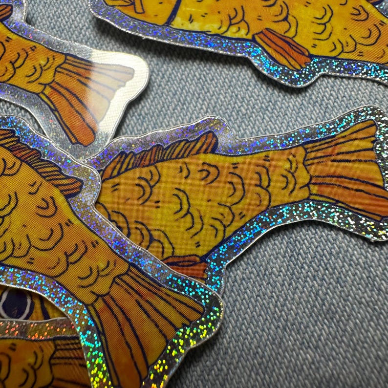 Fish Fin Sticker Glitter Fish! Waterproof Vinyl Sticker: Sparkly Orange and Yellow Small ...