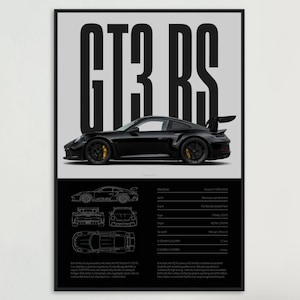 Porsche 911 GT3 RS Blueprint Wall Art | 992 GT3 RS print | Supercar Poster Gift | 911 GT3RS Technical Blueprint