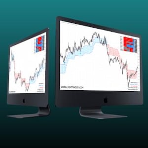 May include: Two black computer monitors displaying financial charts with red and blue indicators. The website address www.xmtrader.com is visible on the screen. The monitors are set against a teal background.