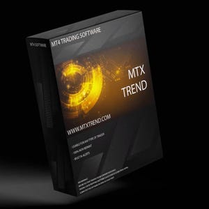 May include: A black box with the text "MT4 TRADING SOFTWARE" and "MTX TREND." The box has a gold and yellow circular design. The website address www.mtxtrend.com is visible, along with the phrases "USABLE FOR ANY TYPE OF TRADER," "100% NON REPAINT," and "BUILT IN ALERTS."