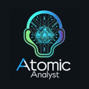 May include: A logo featuring a stylized head shape with a circuit board design in shades of blue and green. The text "Atomic Analyst" is displayed below in blue and white.