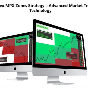 May include: Two silver iMac computers displaying a trading strategy interface. The screens show a combination of red and green zones with line graphs and text. The top of the image reads "Forex MPX Zones Strategy - Advanced Market Trading Technology."