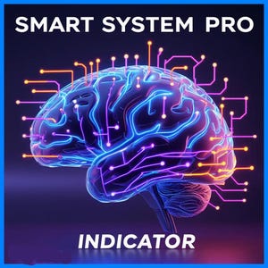 May include: Digital illustration of a brain with neon blue and purple circuitry, with the words "SMART SYSTEM PRO" at the top and "INDICATOR" at the bottom. The background is a gradient of dark blue and purple.