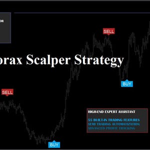 May include: A black screen displays a Forex trading interface with the text "Forex Horax Scalper Strategy." The interface includes buy and sell indicators, trading features, and a chart of currency fluctuations. The screen also shows the text "HX-T SIGNAL POWER."