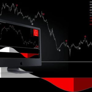 May include: Two black computer monitors displaying financial data charts against a black background. The charts show white lines with red and white indicators. A red and white graphic is at the bottom. Text includes currency values and website address.