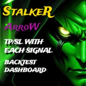 May include: A digital graphic with the word "STALKER" in yellow, "Arrow" in purple, and other text in white. A green-toned illustration of a face is in the background. The text includes "TP/SL WITH EACH SIGNAL" and "BACKTEST DASHBOARD".