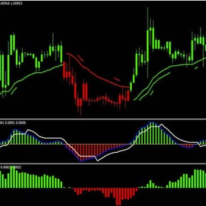 May include: A black background with green and red candlestick charts, trend lines, and technical indicators. The text "UP" and "DOWN" are displayed, along with percentages. The image is a visual representation of financial data analysis.