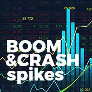 Pode incluir: Um gráfico digital com dados financeiros e as palavras "BOOM & CRASH spikes" em branco. O fundo apresenta uma grade de números e linhas, com gráficos de barras azuis e linhas de tendência amarelas indicando as flutuações do mercado.