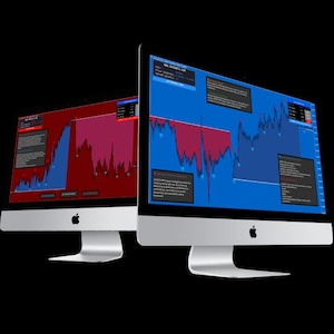 May include: Two silver Apple computer monitors displaying data visualizations with red and blue color schemes. The screens show graphs and charts with text boxes. The monitors are set against a black background.