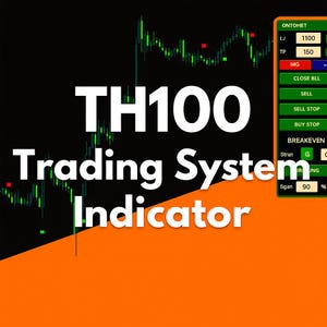 Könnte beinhalten: Eine digitale Anzeige mit dem Text "TH100 Trading System Indicator" in weißen Buchstaben. Der Hintergrund ist schwarz und orange, mit einem grünen und roten Aktienchart. Auf der rechten Seite befindet sich ein grünes Bedienfeld.