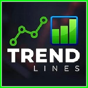 May include: The image features the words "TREND LINES" in white, bold letters. Above the text is a green line graph and a green bar graph inside a blue square. The background is dark with a green border.