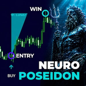 May include: A digital graphic featuring a dark blue background with a green candlestick trading chart, a blue arrow pointing up, and the text "BUY", "ENTRY", "WIN", and "NEURO POSEIDON". A detailed illustration of Poseidon holding a trident is on the right.