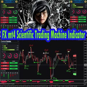 Op de afbeelding: Een digitaal display met de tekst "FX mt4 Scientific Trading Machine Indicator" in het blauw. Het display toont handelsgegevens, grafieken en een persoon met een bril en een capuchon. De interface bevat "Buy" en "Sell" indicatoren.