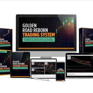 May include: A promotional image showcasing the "Golden Road Reborn Trading System." The display includes a desktop computer, laptop, tablet, and smartphone, all displaying the system's interface. Also present are physical product boxes and a spiral-bound notebook, all branded with the system's logo and name.