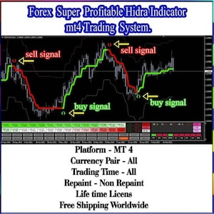 Peut inclure: Graphique numérique d'un système de trading avec des lignes vertes et rouges, étiqueté "sell signal" et "buy signal". Le texte en haut indique "Forex Super Profitable Hidra Indicator mt4 Trading System."
