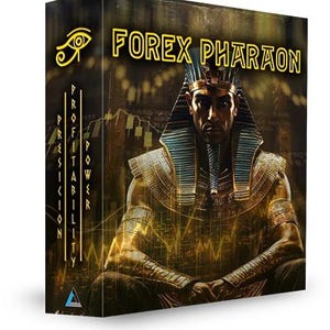 May include: A rectangular product box featuring the text FOREX PHARAON in yellow letters. The design displays an Egyptian pharaoh in a blue and gold headdress, overlaid with financial trading charts and the words PRECISION, PROFITABILITY, POWER.