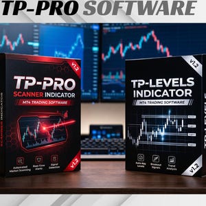 Peut inclure: Deux boîtes de logiciel rectangulaires noires étiquetées TP-PRO SCANNER INDICATOR et TP-LEVELS INDICATOR. Les deux boîtes présentent le texte MT4 TRADING SOFTWARE, la version v1.2 et des graphiques de marchés financiers en rouge et blanc.