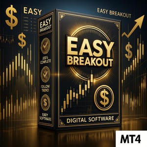 May include: A black box with gold lettering that reads "EASY BREAKOUT" and "DIGITAL SOFTWARE." The box has a gold dollar sign and a chart graphic. The background is dark blue with gold dollar signs and chart lines.