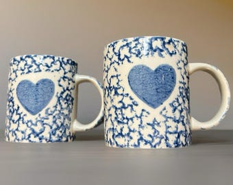 Two Vintage Gibson Blue Sponge Heart Ceramic Coffee Mug Farmhouse Cottage EUC