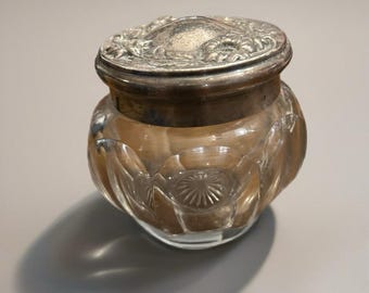 Heisey Glass Powder Trinket Jar Silver-plated Floral Lid