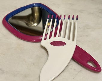 Vintage 90s Handheld Mirror & Goody Hair Pick Purple And Pink Color Dip Preowned