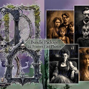 Op de afbeelding: Een digitale kunstbundel met gotische frames met schedels, spinnenwebben en een skelet. Bevat vintage familiefoto's in sepiatinten. De tekst luidt "Bundle Package 22 Frames / 20 Photos."