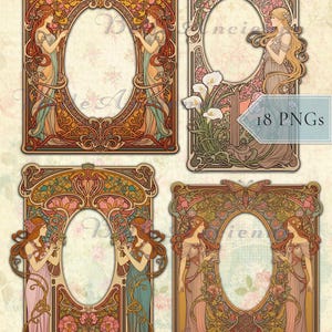 May include: Four Art Nouveau style digital art frames with oval centers and floral and female figure motifs. The frames feature a palette of warm colors, including gold, orange, pink, and green. The image includes the text "18 PNGs".