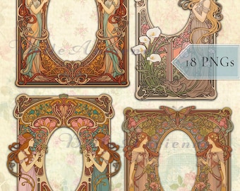 Art nouveau-lijsten illustraties: sierlijke digitale png-download