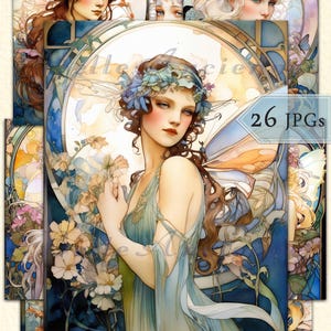 Könnte beinhalten: Digitaldruck mit einer Frau mit langen braunen Haaren, die ein blaues Kleid und einen Blumenkranz trägt, mit Schmetterlingsflügeln. Das Bild hat einen Aquarellstil und ist von anderen ähnlichen Bildern umgeben. Der Text "26 JPGs" ist sichtbar.