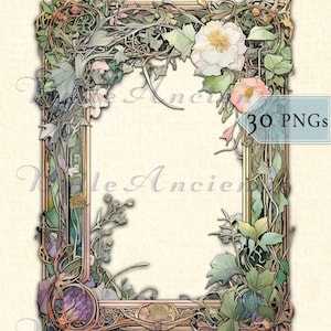 May include: An ornate, Art Nouveau-style frame with floral and botanical elements. The design features a rectangular shape with curved edges, adorned with flowers, leaves, and vines in shades of green, pink, and gold. The text "30 PNGs" is visible.