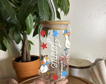 4th of July Ducks Lover Glass Cup 16oz Iced Coffee Cup with Lid and Straw Tumbler UV DTF Wrap Gift for Holidays Fourth of July Memorial Day