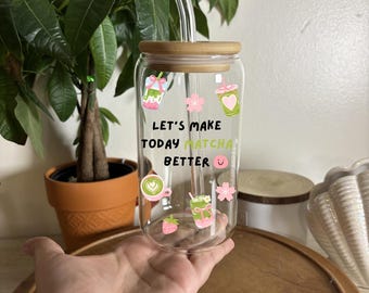 Matcha Lover Glass Cup 16oz Iced Coffee Cup with Lid and Straw Tumbler UV DTF Wrap Gift for Holidays Mental Health Teacher Pink Strawberry