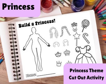 Princess Dress Up Activity Printable, Build a Princess Cut and Paste, Kids Coloring Craft, Birthday Party Activity Sheet, Instant Download
