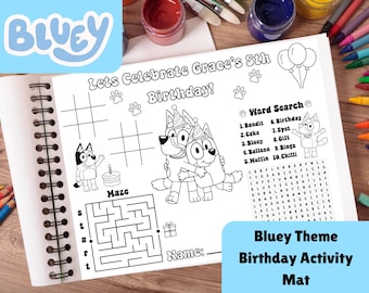 Gepersonaliseerde Bluey Blue Dog Activity Placemat Verjaardagsfeestje Kleurplaat Party Activity Sheet Mat Verjaardagsbedankjes (digitale download) Bluey