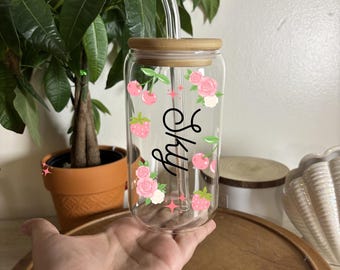 Kersenaardbei StarTumbler met bamboe deksel en glazen rietje Schattig fruit ijskoffiekopje Esthetisch koffieglas cadeau Aangepast cadeau voor haar