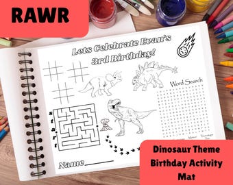 Dinosaur Activity Printable, Boys Birthday coloring sheet, Party mat, Word Search, Maze, Prehistoric T Rex, Triceratops