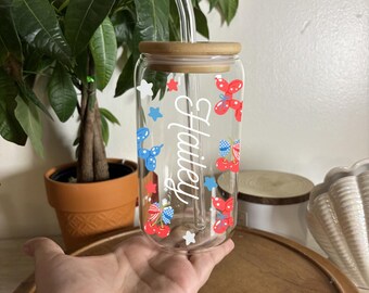 4th of July Balloon Dogs Glass Cup 16oz Iced Coffee Cup with Lid and Straw Tumbler UV DTF Wrap Gift for America's Holidays