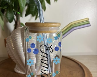 Blueberry glazen beker met bamboe deksel en glazen rietje Schattig bloemen ijskoffiekopje Esthetisch koffieglas cadeau Aangepast cadeau voor haar