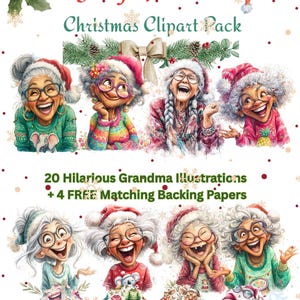 olly Grandma Christmas Clipart Pack – Funny Grandma png/jpg/pdf/svg – 20 Digital Watercolor Grandmas + 4 FREE Matching Backing Papers